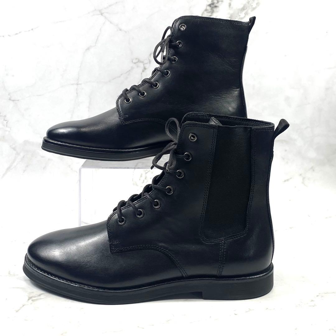 【新品級】 ZARA レースアップブーツ サイドゴアブーツ 黒 レザー 26.5