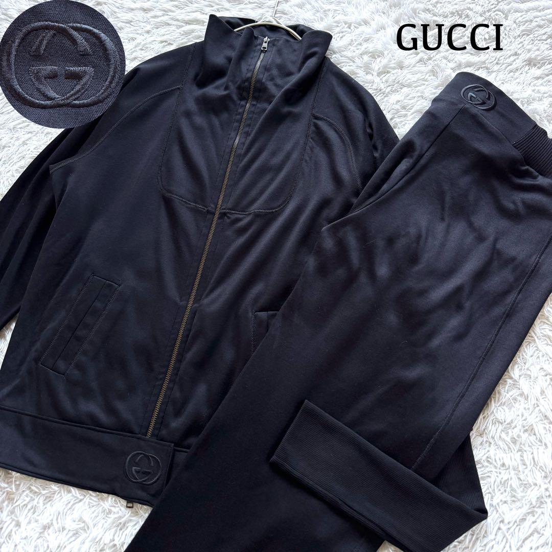 グッチ　ジャージ　セットアップ　シルク　絹　インターロッキング　刺繍ロゴ　黒　S