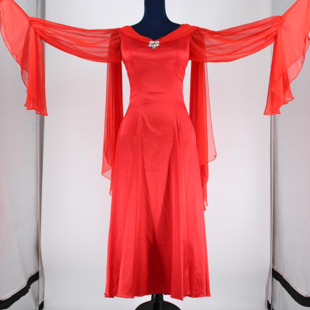 【美品 社交ダンス衣装】レッド ワンピース ドレス ラインストーン レース 袖
