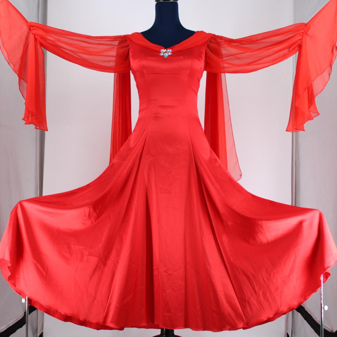 【美品 社交ダンス衣装】レッド ワンピース ドレス ラインストーン レース 袖