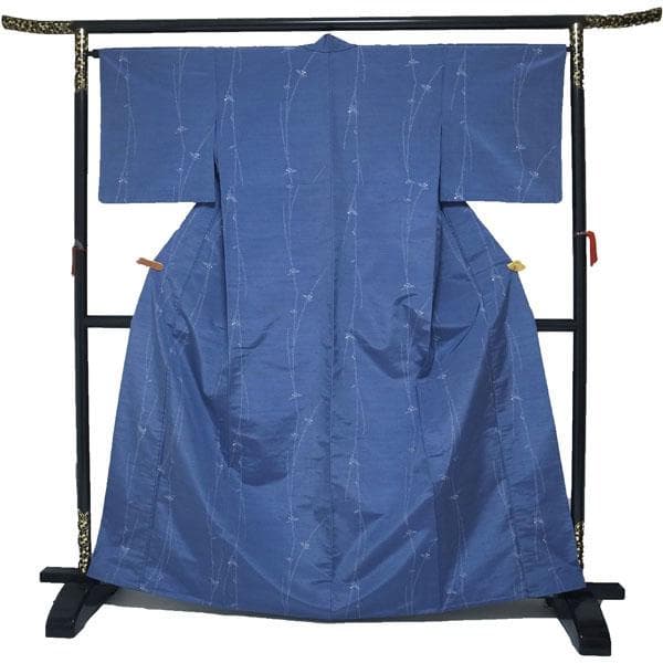 十日町紬 春秋の単衣 着物 袷 青 花 正絹 裄65 Ｌ 新古品 sn1820