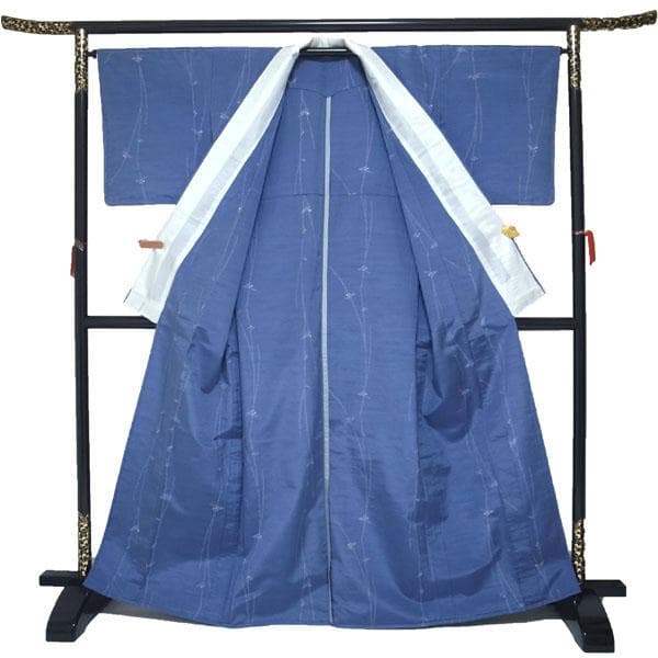 十日町紬 春秋の単衣 着物 袷 青 花 正絹 裄65 Ｌ 新古品 sn1820