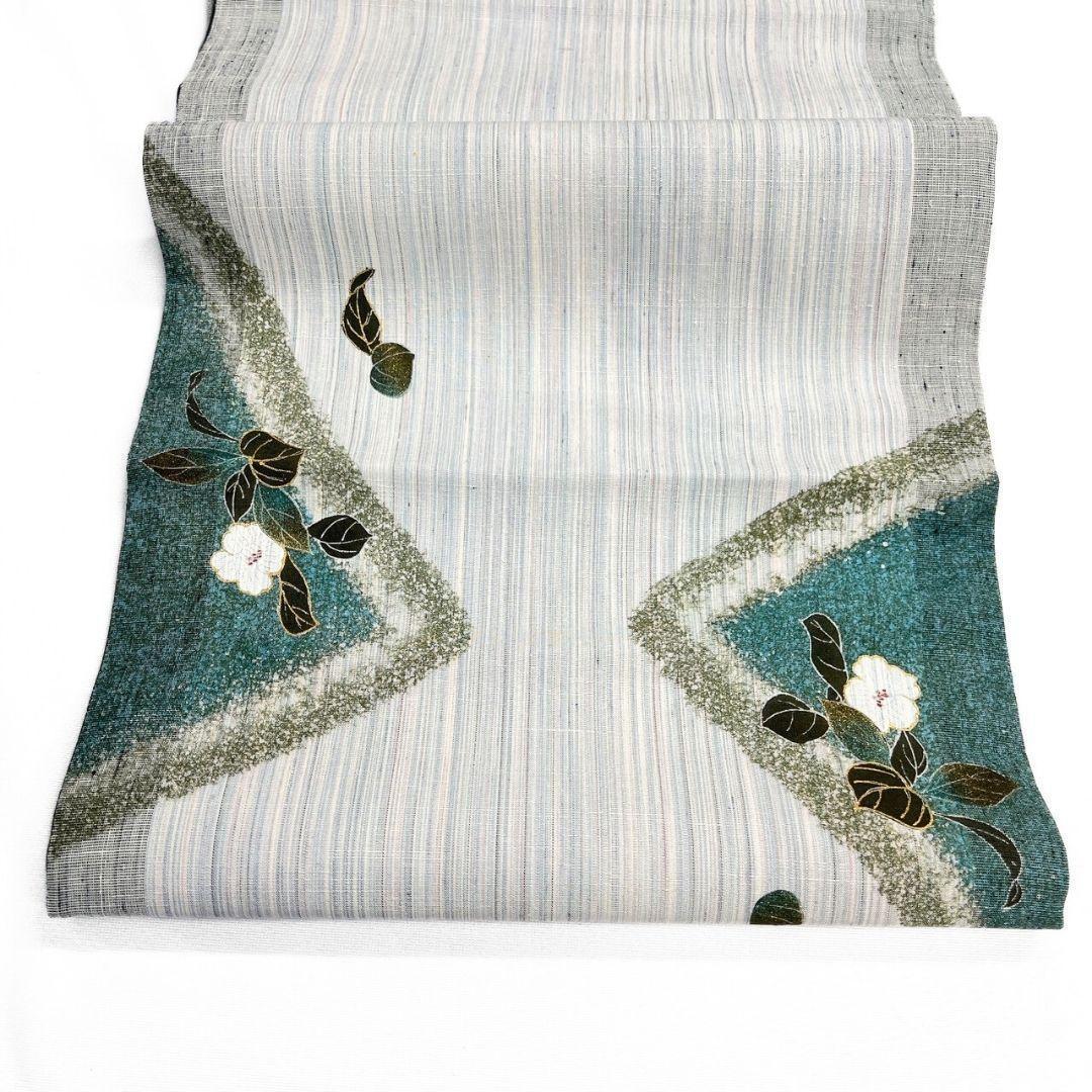 袋帯　作家もの　金彩　紬　桜花模様　縦縞　着物　114b p ms