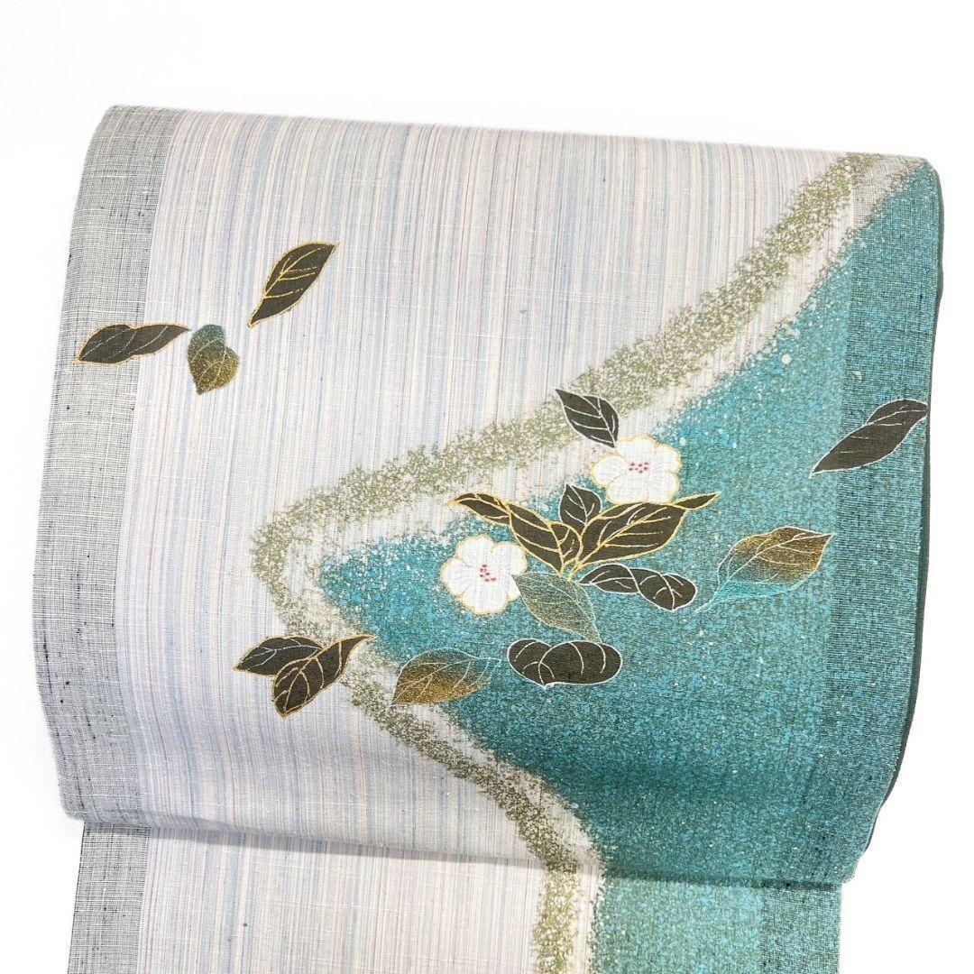 袋帯　作家もの　金彩　紬　桜花模様　縦縞　着物　114b p ms