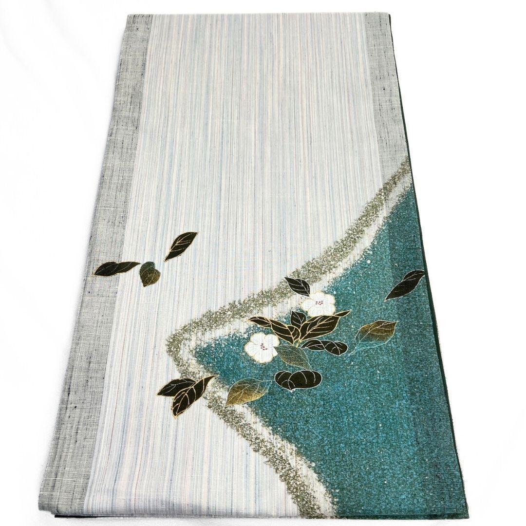 袋帯　作家もの　金彩　紬　桜花模様　縦縞　着物　114b p ms