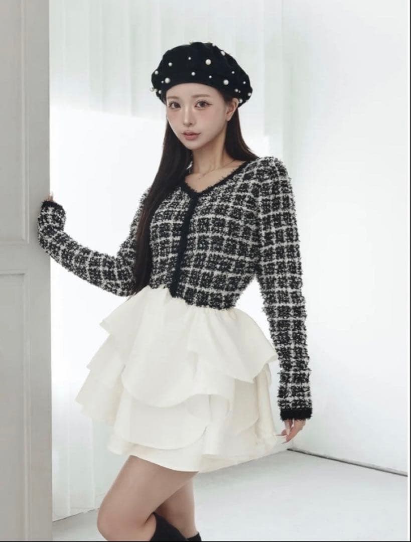 Darich ボリュームフリルツイードニットミニワンピース ブラック Ｆ