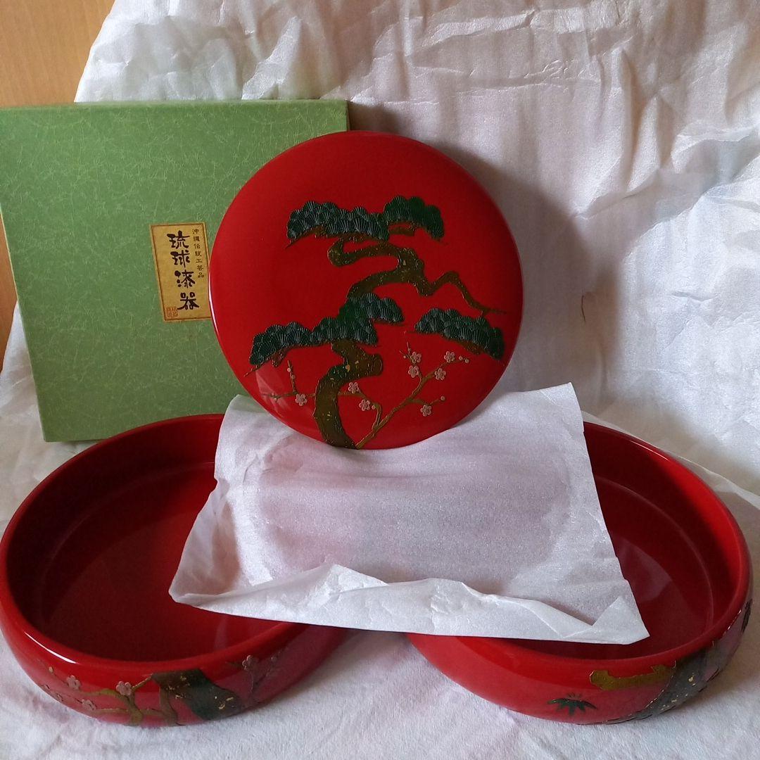 重箱/琉球漆器　丸型二段重箱(箱入り未使用品)　松竹梅