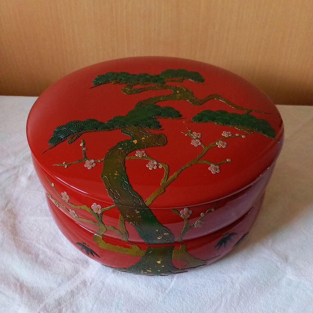 重箱/琉球漆器　丸型二段重箱(箱入り未使用品)　松竹梅