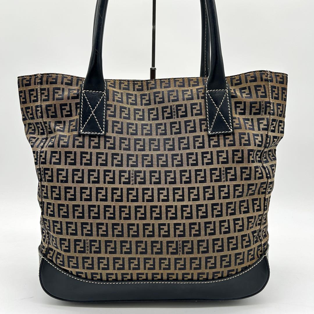 【美品】フェンディ トートバッグ ズッキーノ レザー キャンバス ネイビー