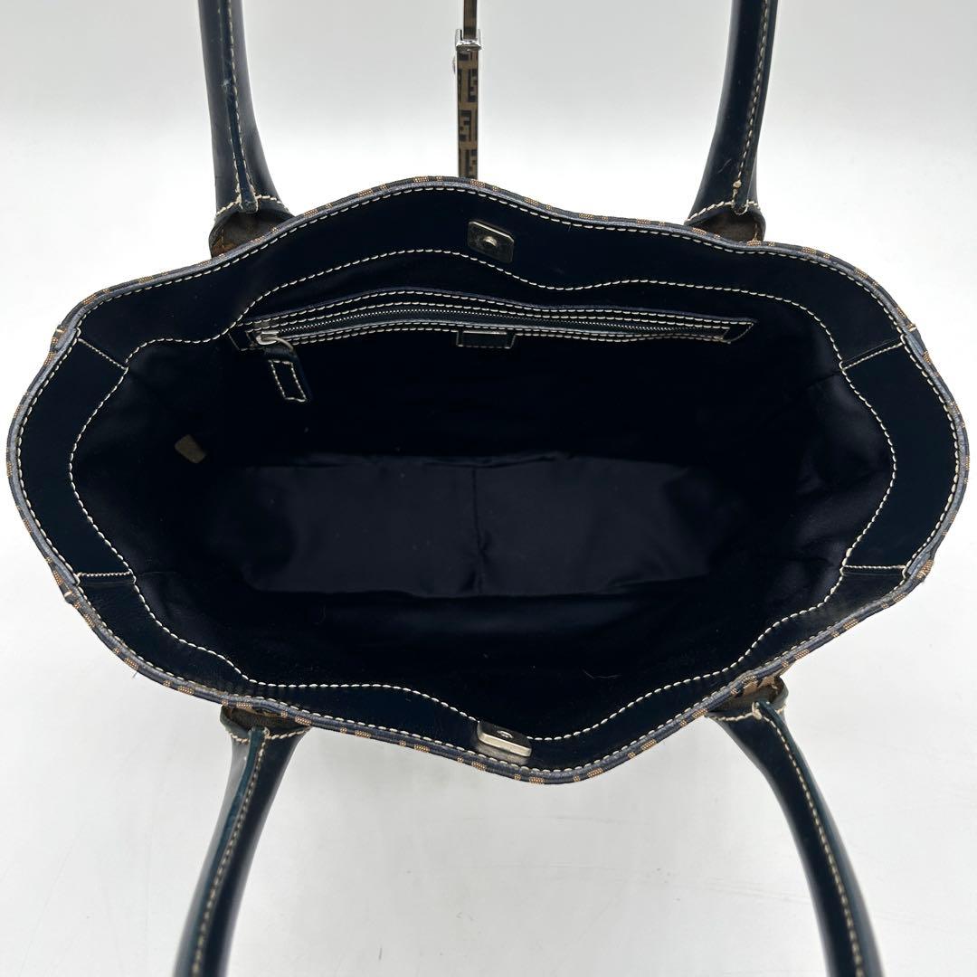 【美品】フェンディ トートバッグ ズッキーノ レザー キャンバス ネイビー