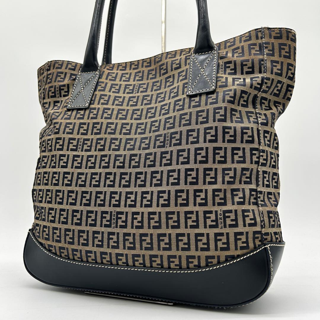 【美品】フェンディ トートバッグ ズッキーノ レザー キャンバス ネイビー