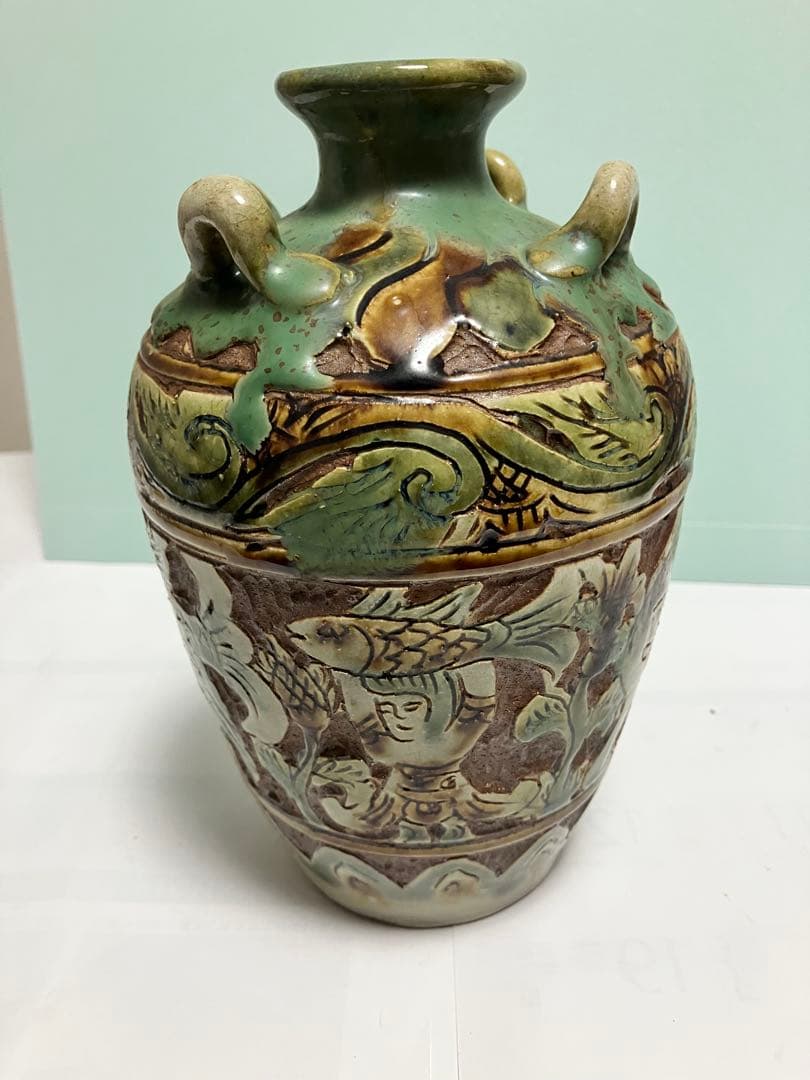 琉球　沖縄　壺屋焼【故】島袋常明作　エジプト紋壺　ヤチムン　やちむん　希少　レア