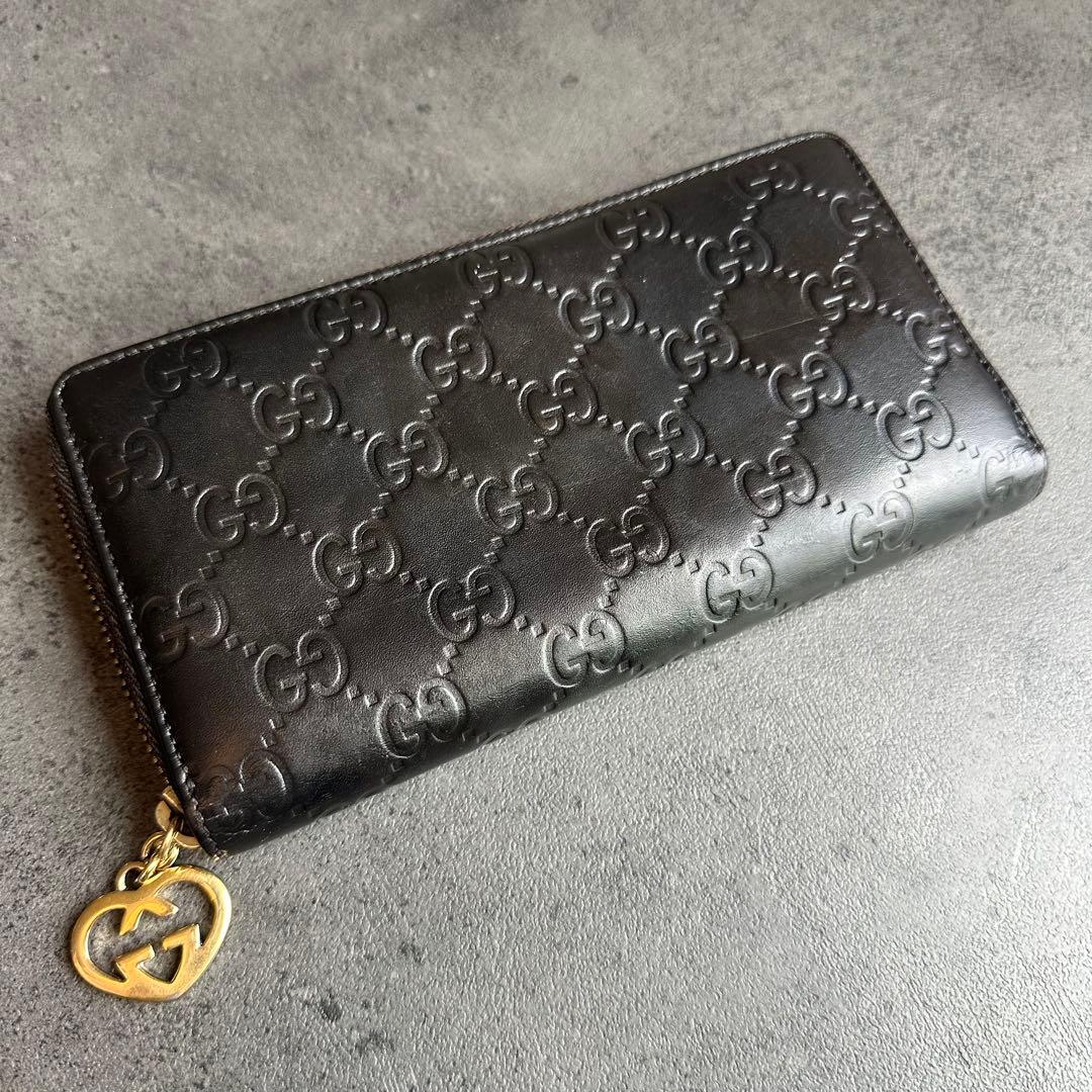 GUCCI GG シマ ラブリーハート レザー 長財布　ラウンドジップ　黒