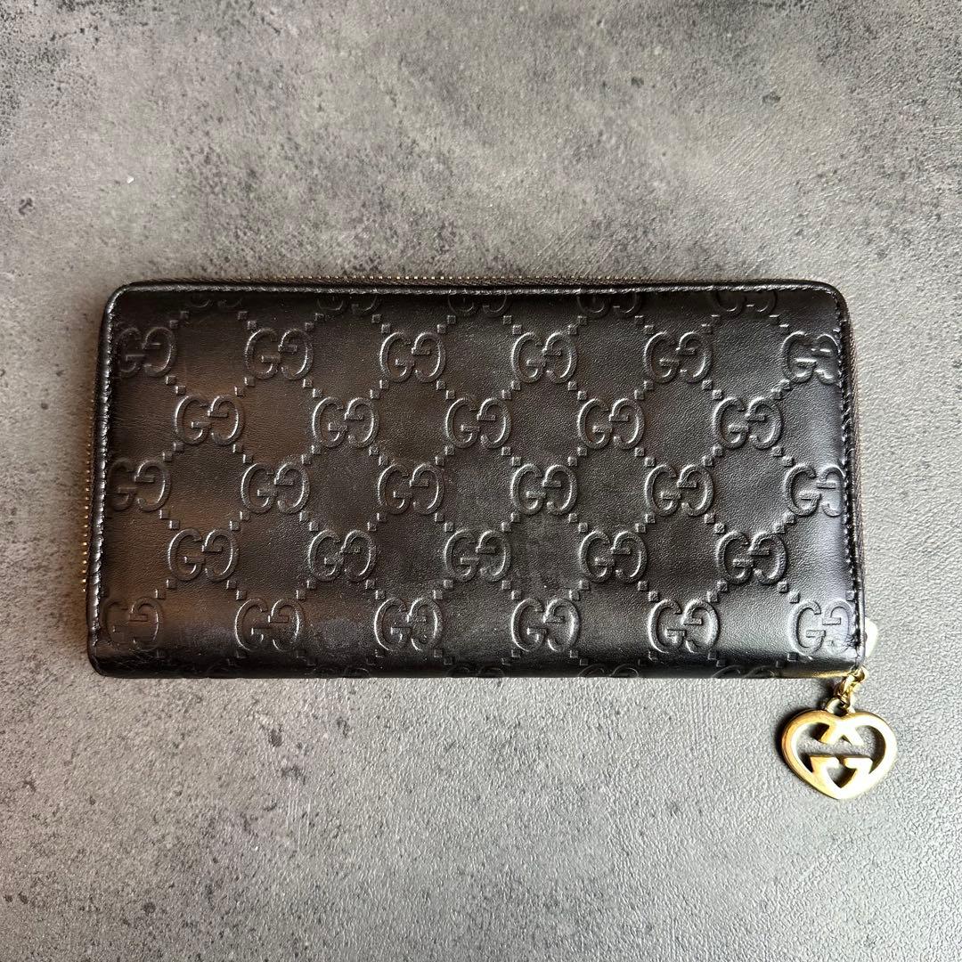 GUCCI GG シマ ラブリーハート レザー 長財布　ラウンドジップ　黒