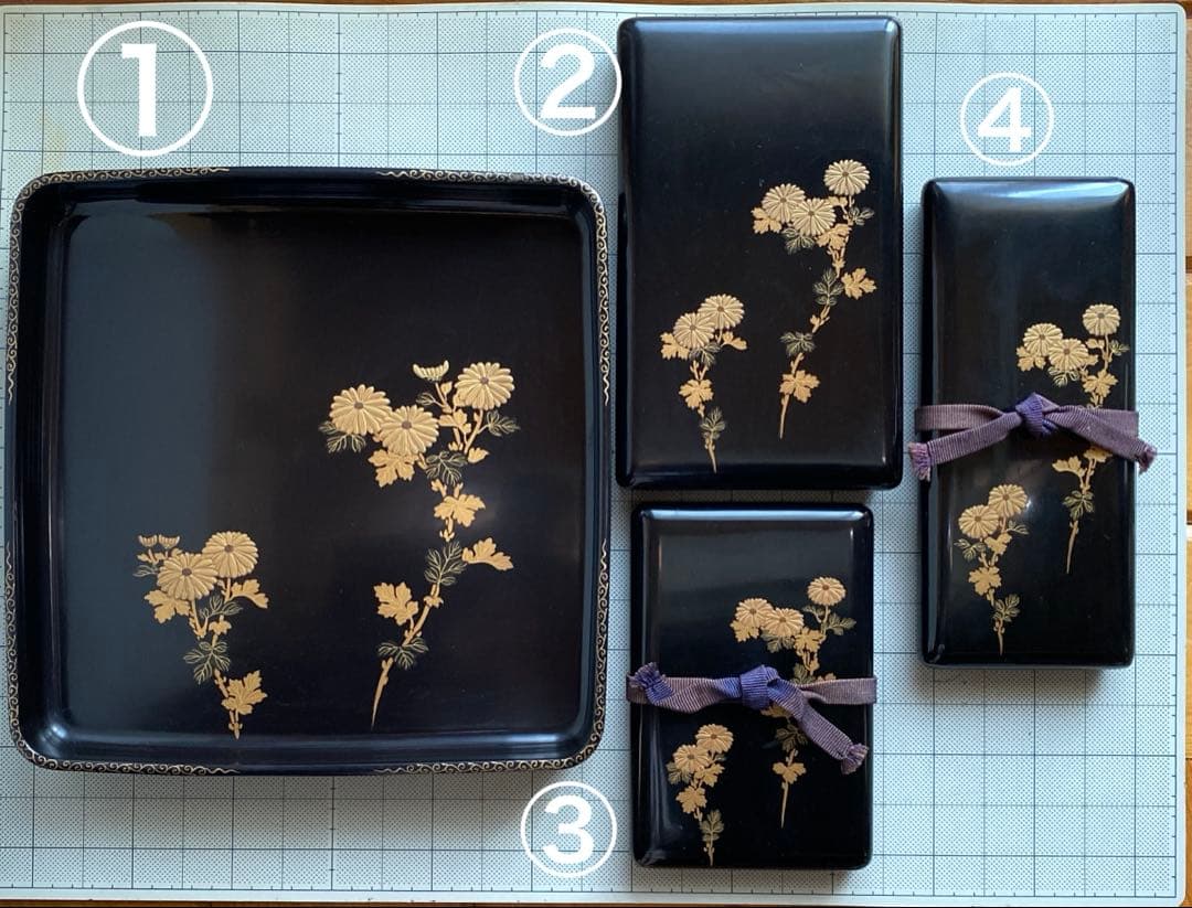 時代 文箱 蒔絵 硯箱 4点セット 菊模様