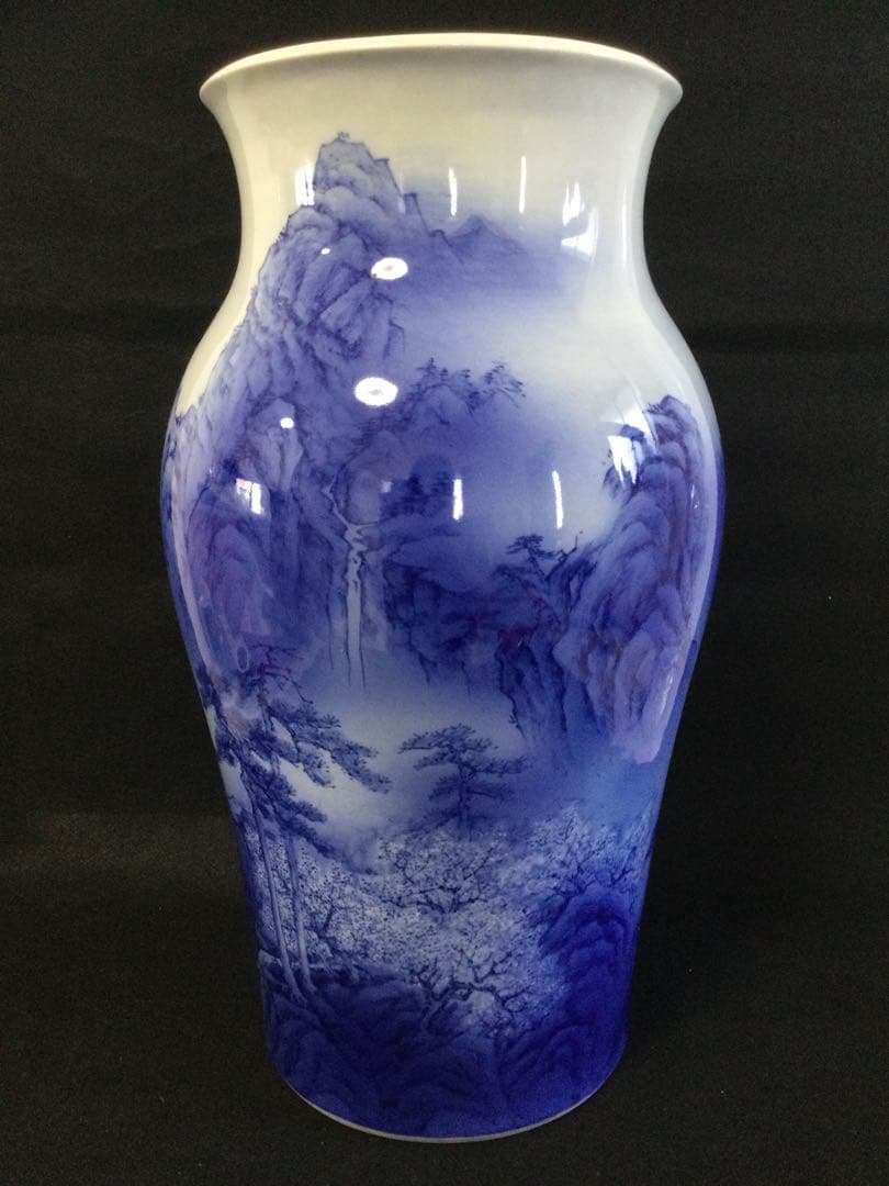 砥部焼 染付山水図花瓶 中元竹山作 花瓶 飾り壷 供箱 L252