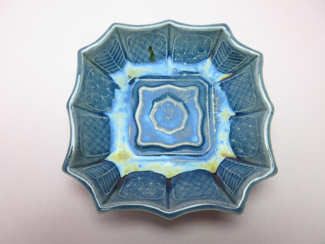 珉平焼 四方隅切皿 交趾陽刻 小皿 ７枚　70707