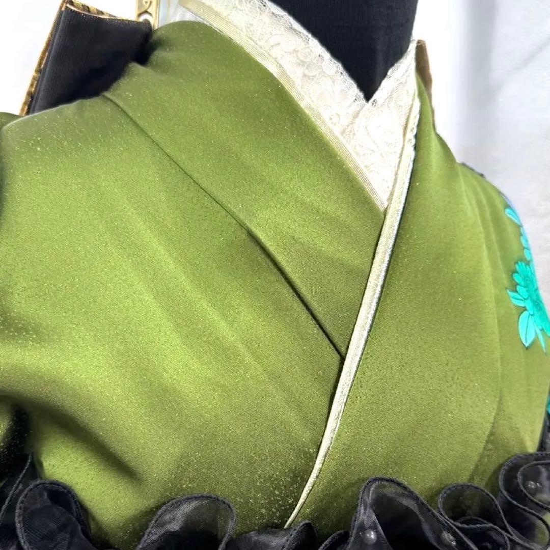 豪華振袖10点フルセット　緑系　ラメ　金彩 松竹梅　牡丹　つけ袖黒レース　可愛い