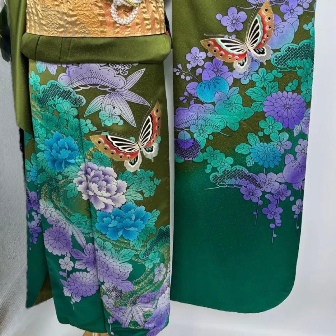 豪華振袖10点フルセット　緑系　ラメ　金彩 松竹梅　牡丹　つけ袖黒レース　可愛い