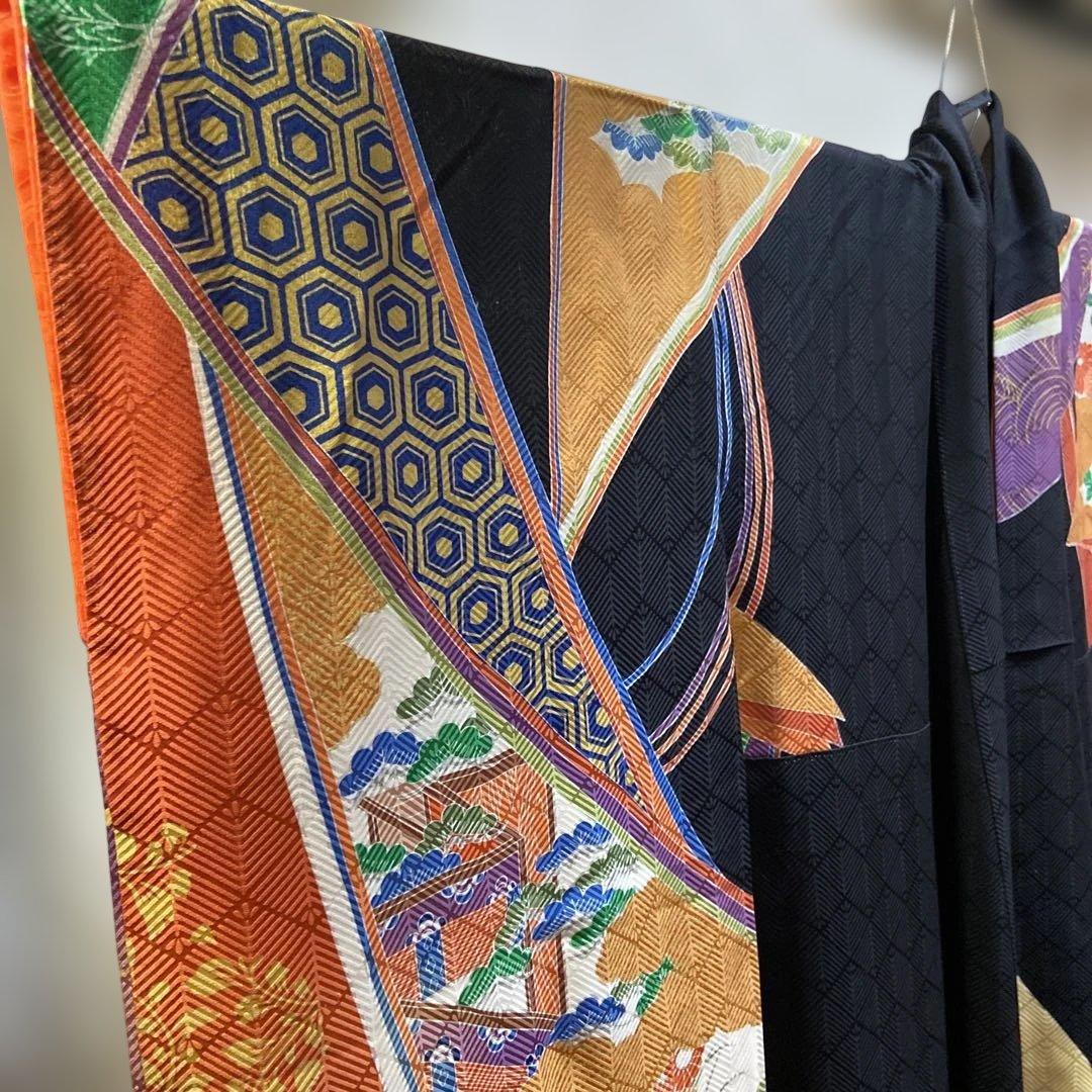 A 振袖　袷　正絹　黒地　お姫様　御所車　菊　菖蒲　着物　和装　和物　成人式