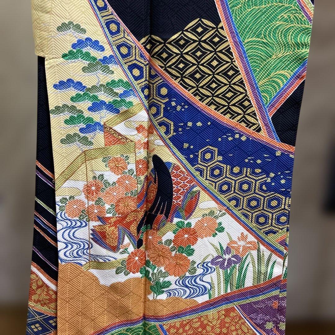 A 振袖　袷　正絹　黒地　お姫様　御所車　菊　菖蒲　着物　和装　和物　成人式
