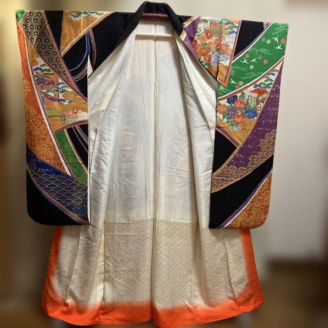 A 振袖　袷　正絹　黒地　お姫様　御所車　菊　菖蒲　着物　和装　和物　成人式