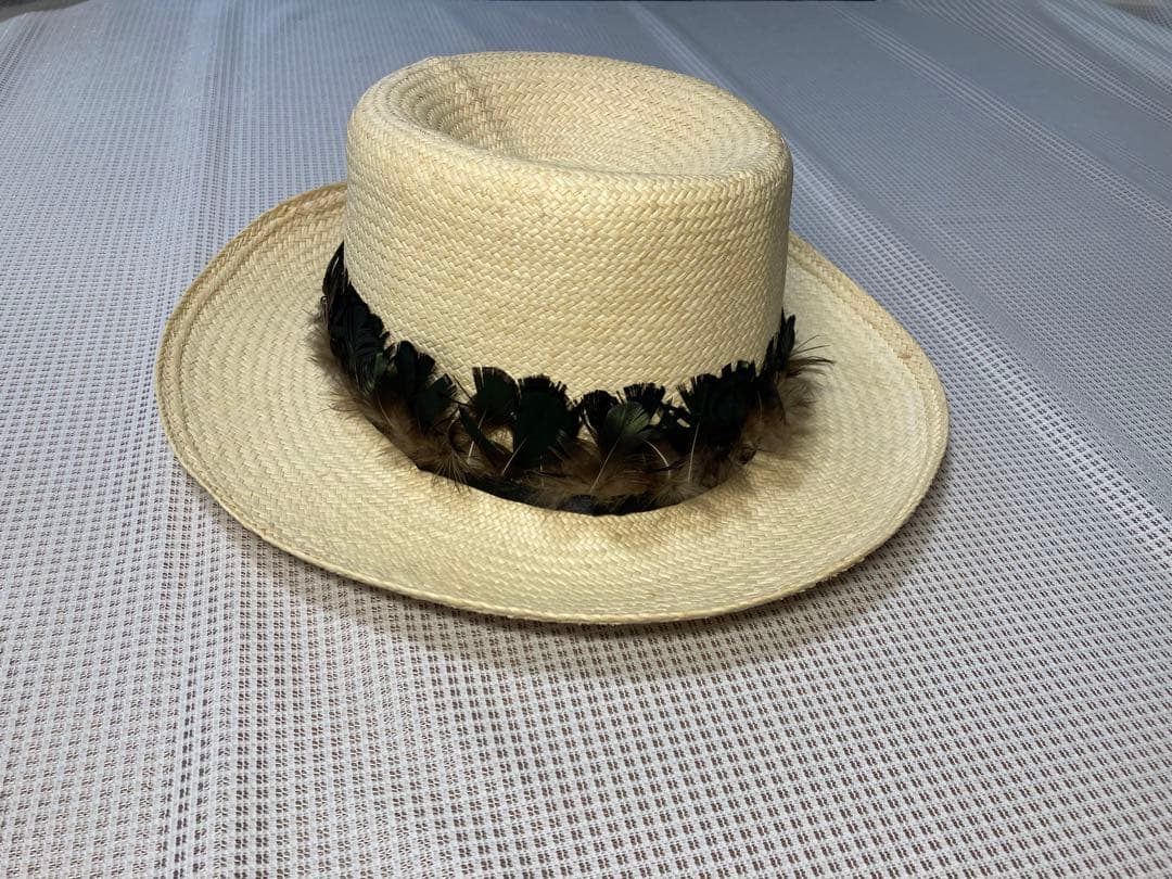メンズ　超高級　帽子　パナマハット　ベージュ　羽毛リボン　ニードルス　エクアドル