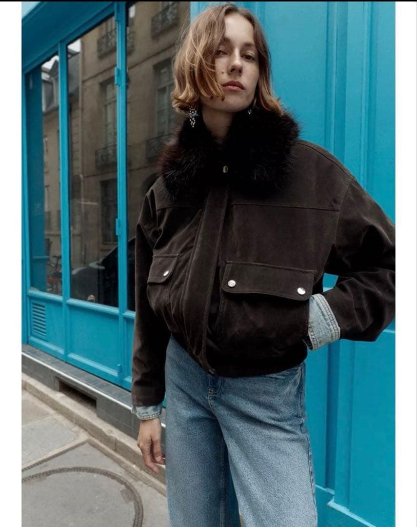 ZARA フェイクファーラペルオーバーサイズボンバージャケット