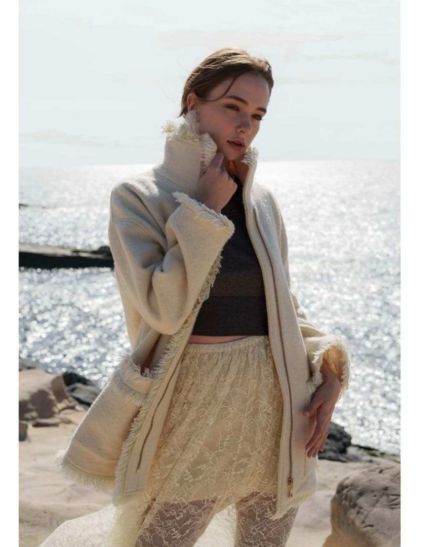 ジャケット・アウター Acka. stand collar fringe coat