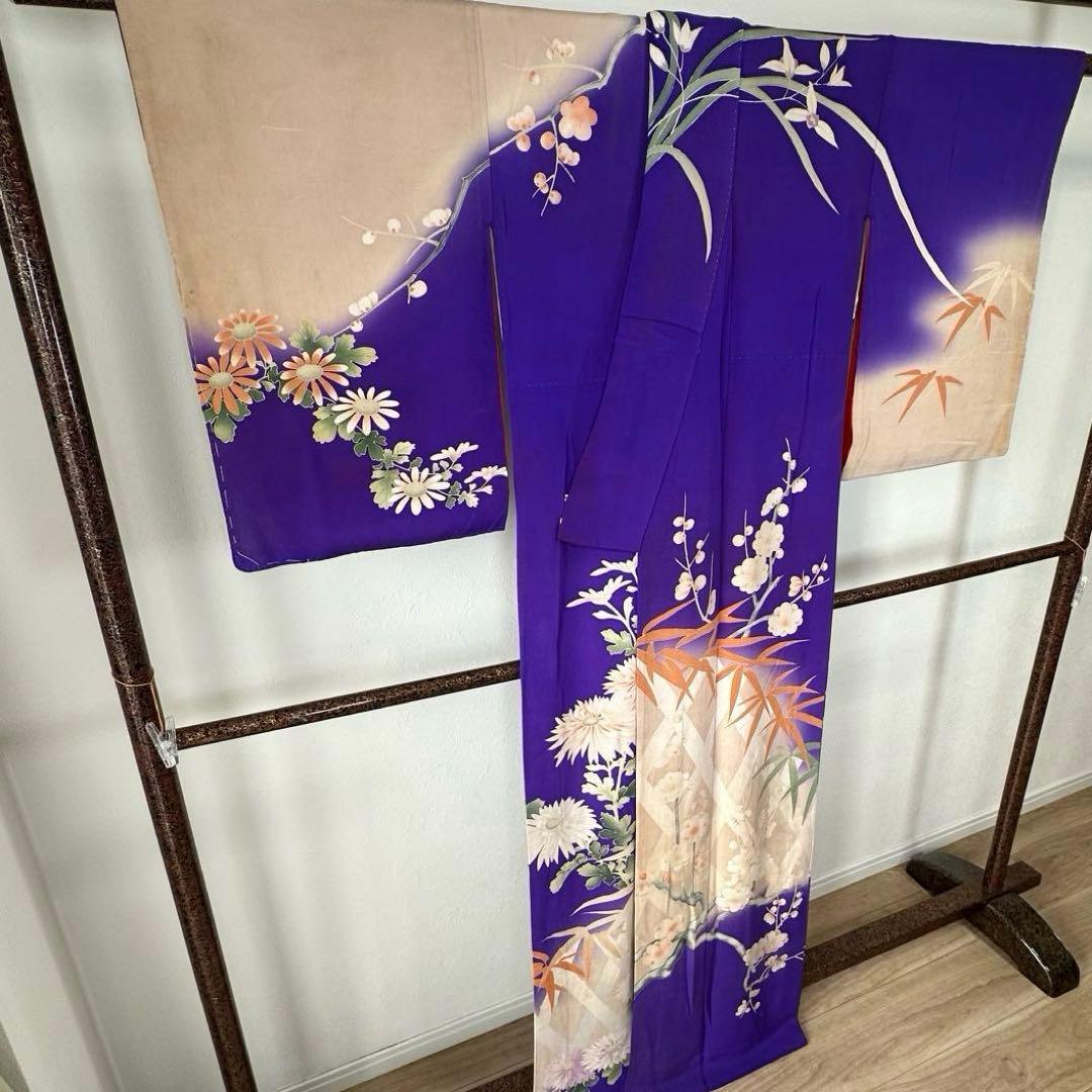 アンティーク　袷　絹　着物　訪問着　青紫　紫　168 トールサイズ