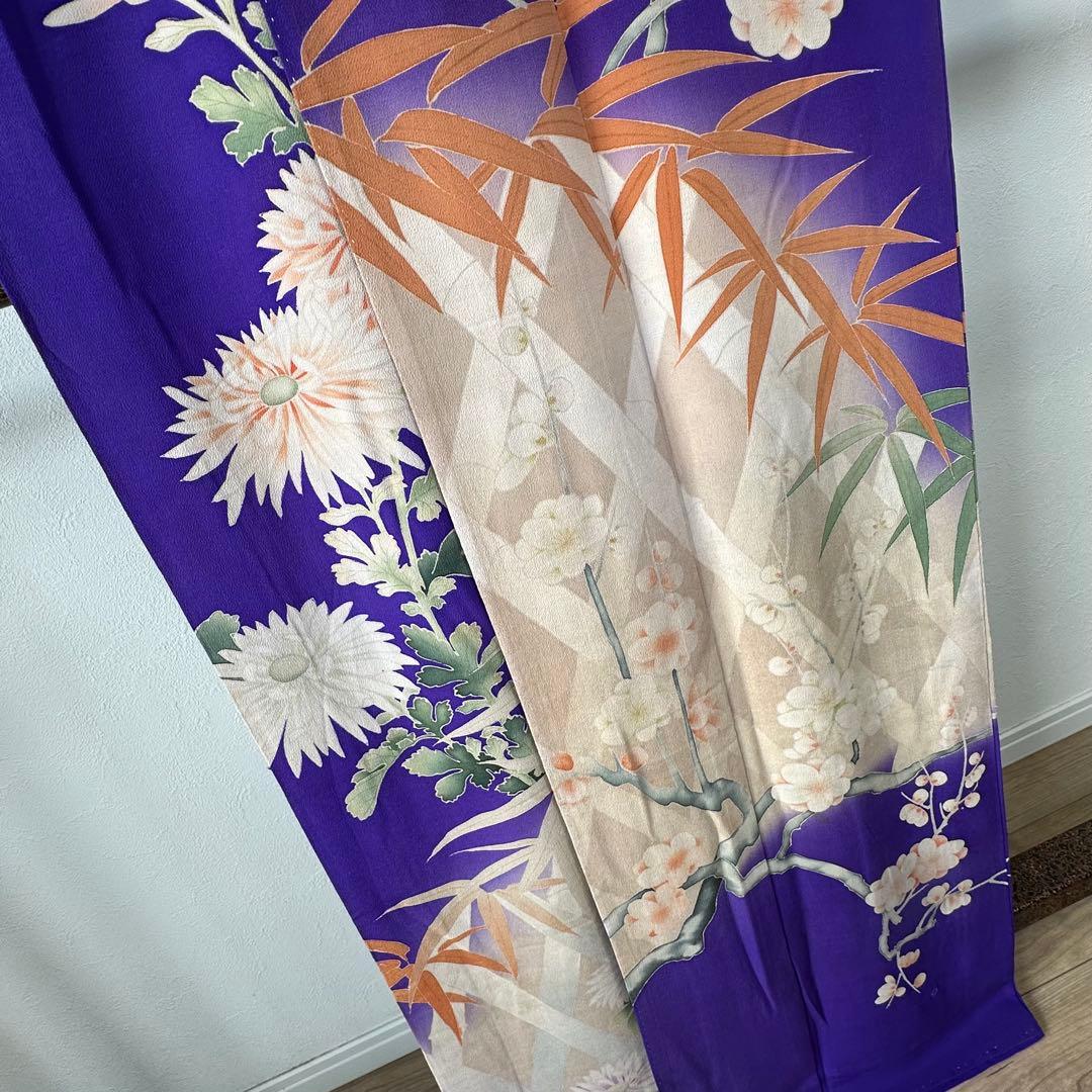 アンティーク　袷　絹　着物　訪問着　青紫　紫　168 トールサイズ