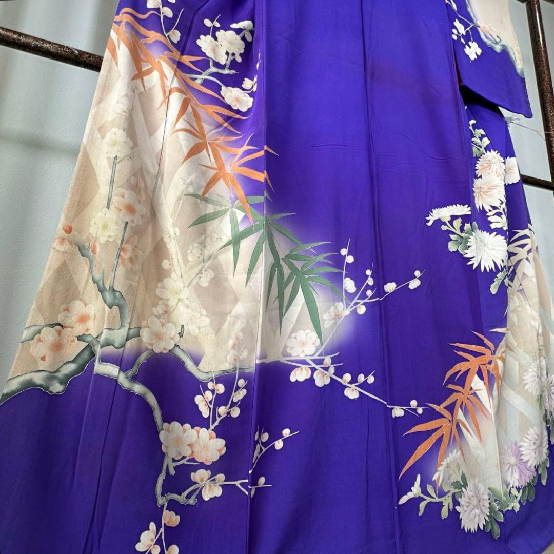 アンティーク　袷　絹　着物　訪問着　青紫　紫　168 トールサイズ