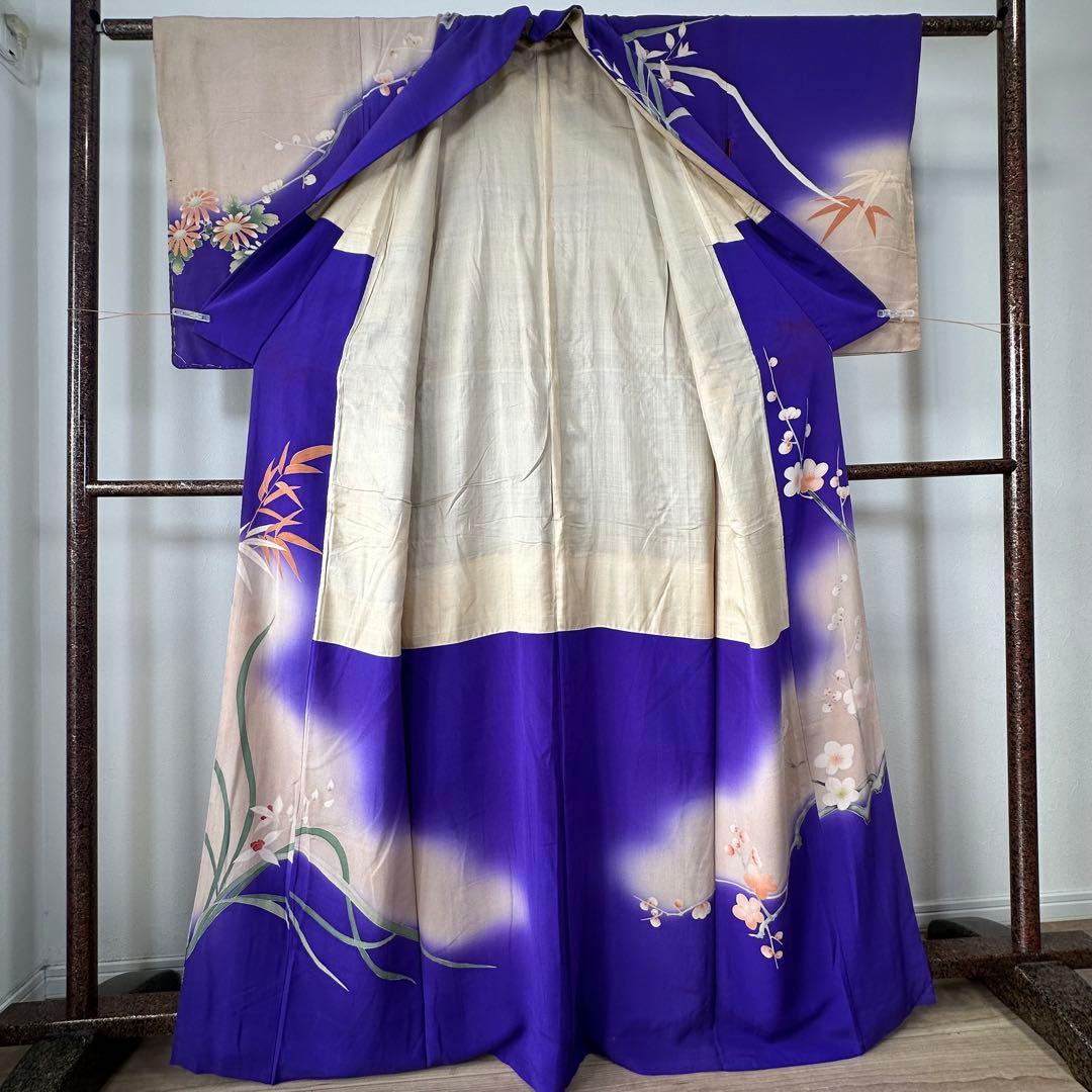 アンティーク　袷　絹　着物　訪問着　青紫　紫　168 トールサイズ