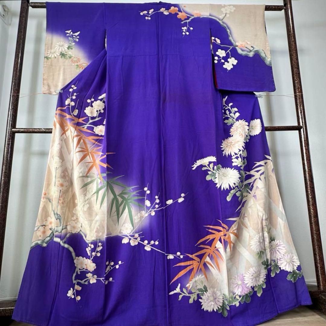 アンティーク　袷　絹　着物　訪問着　青紫　紫　168 トールサイズ