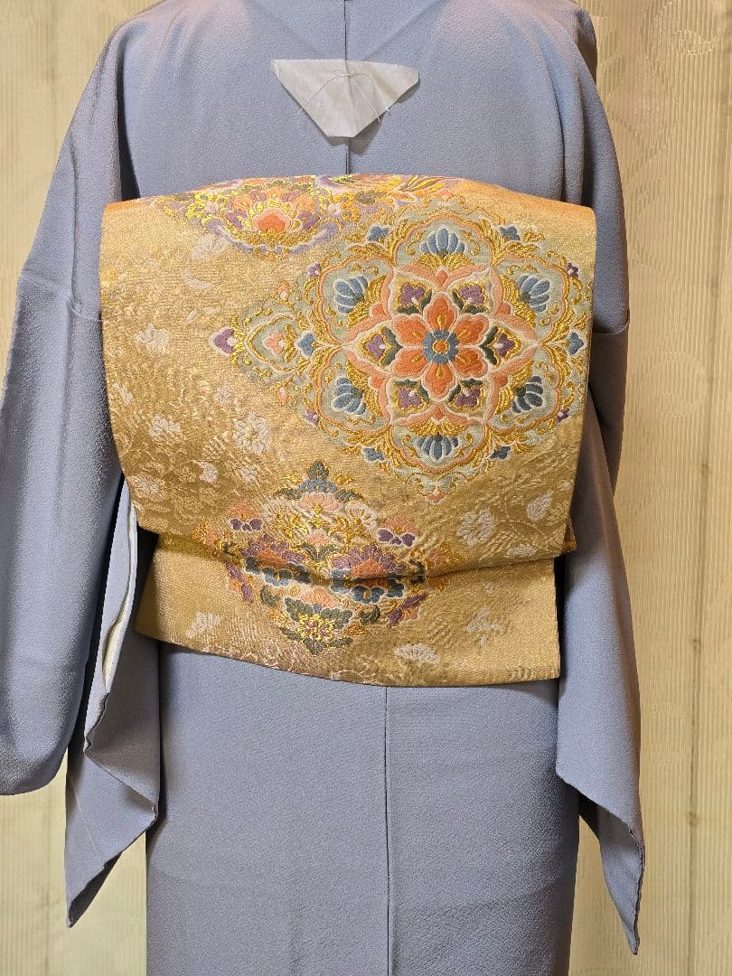 未使用品　草木染め　トールサイズ　作家物　　色無地　一つ紋　高級袋帯　フルセット