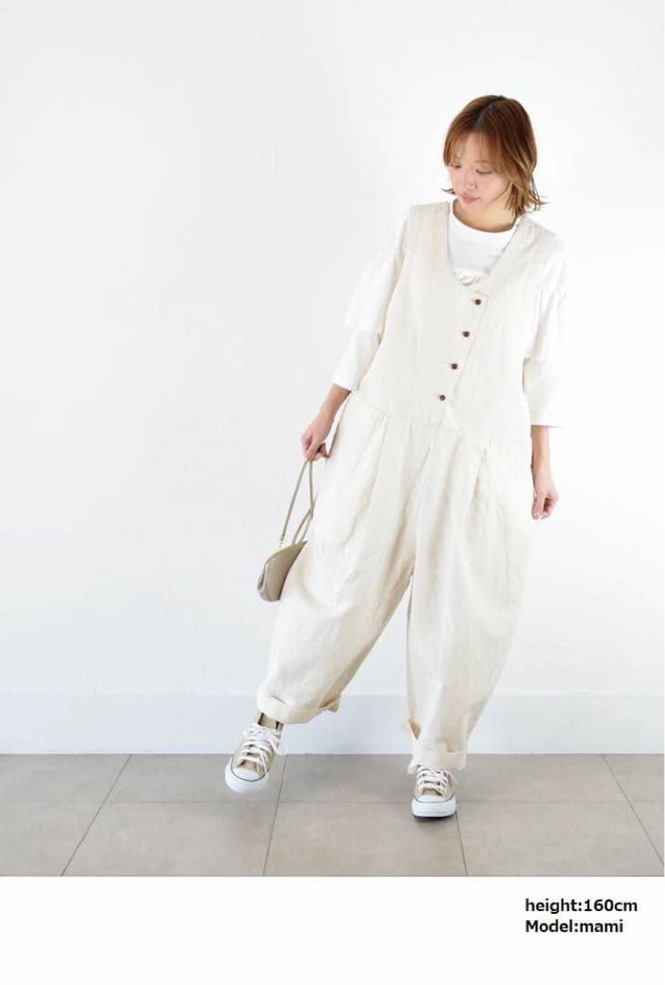 tumugu：コットンリネン　デニムオールインワン　サロペット 生成り