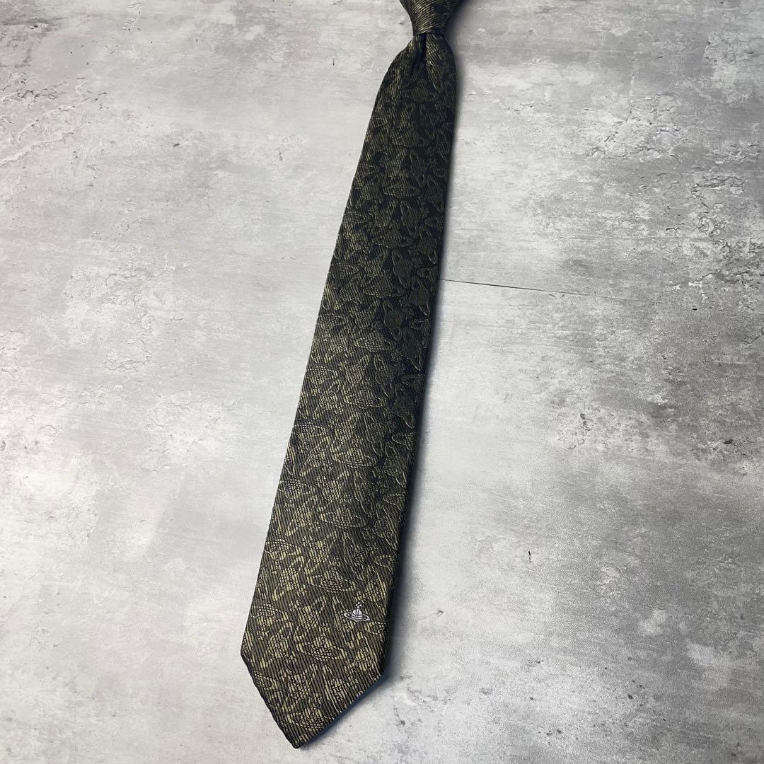 美品 Vivienne Westwood オーブ柄 総ロゴ ネクタイ カーキ 緑