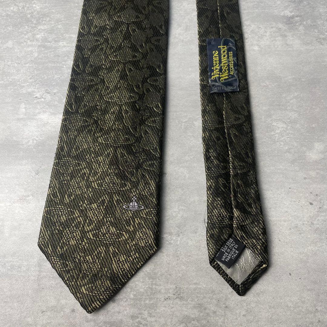 美品 Vivienne Westwood オーブ柄 総ロゴ ネクタイ カーキ 緑