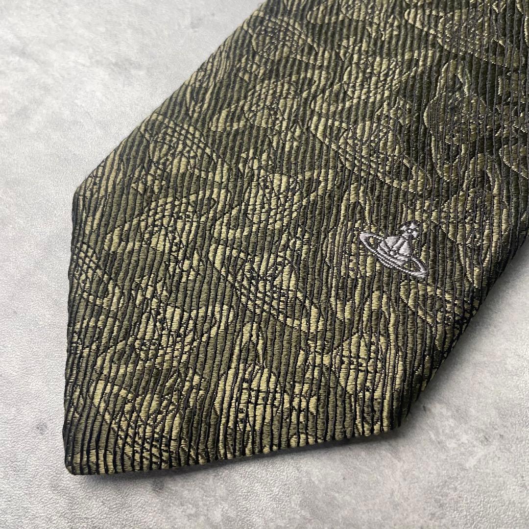 美品 Vivienne Westwood オーブ柄 総ロゴ ネクタイ カーキ 緑