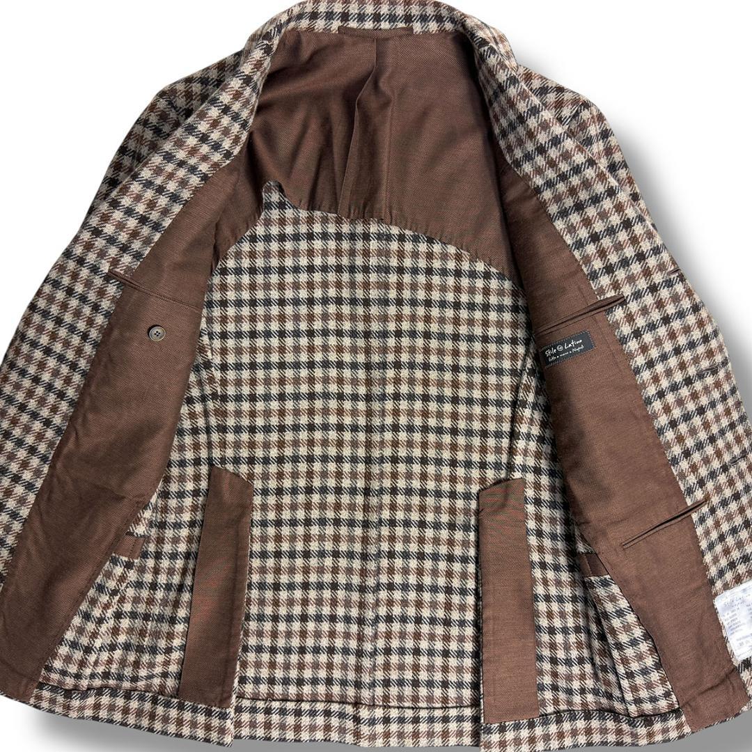 J7392 美品 スティレラティーノ チェック柄ツイードジャケット 茶×灰 46