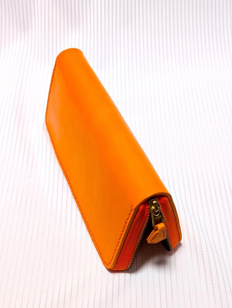 台形ラウンドファスナーウォレット 本革 ヌメ革 【オレンジ】