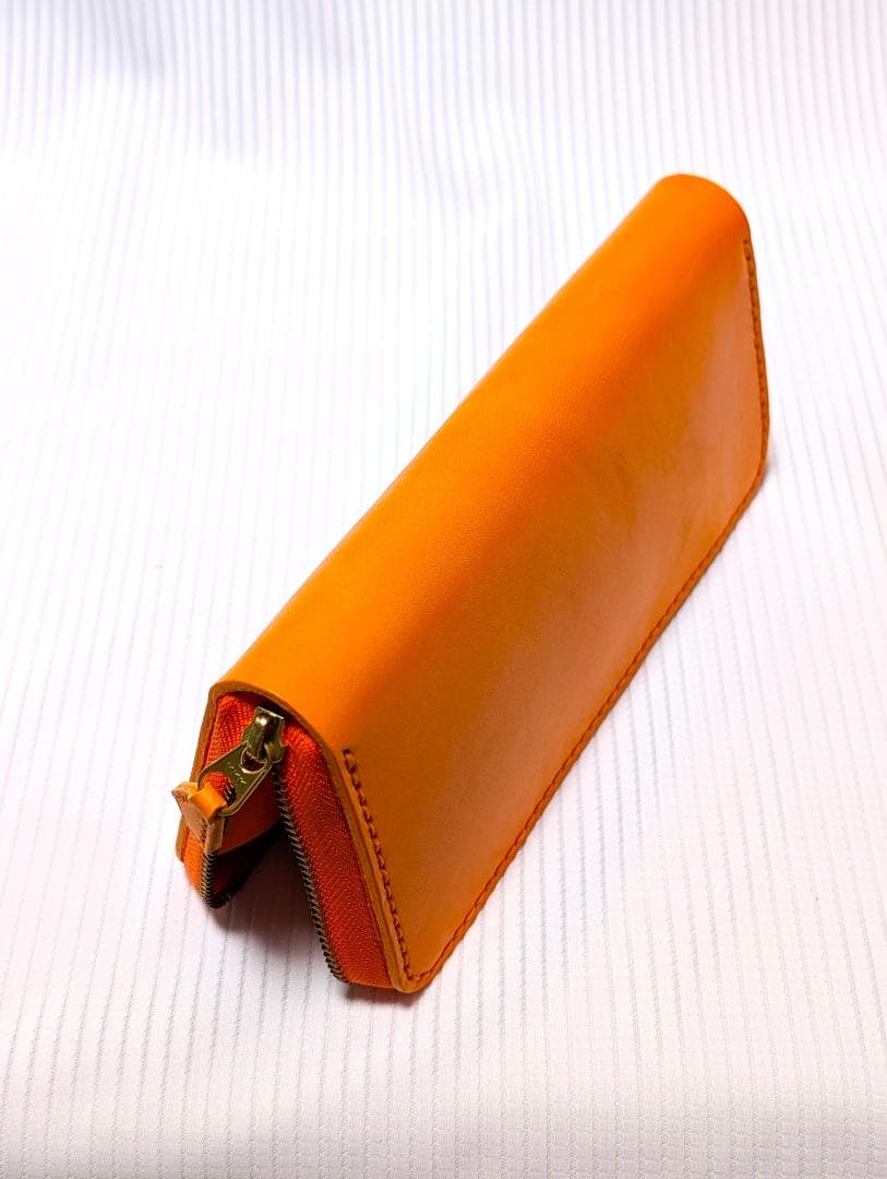 台形ラウンドファスナーウォレット 本革 ヌメ革 【オレンジ】