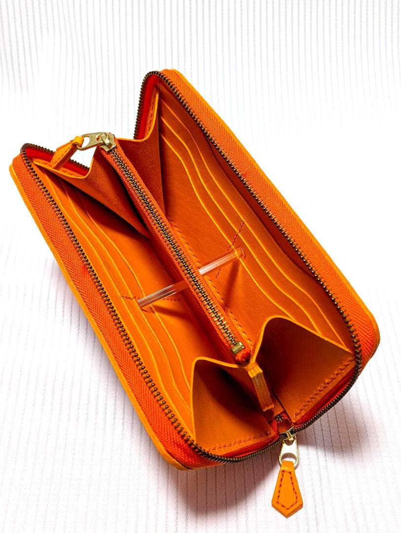 台形ラウンドファスナーウォレット 本革 ヌメ革 【オレンジ】