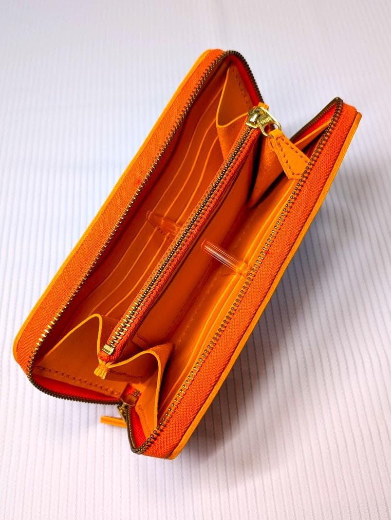 台形ラウンドファスナーウォレット 本革 ヌメ革 【オレンジ】