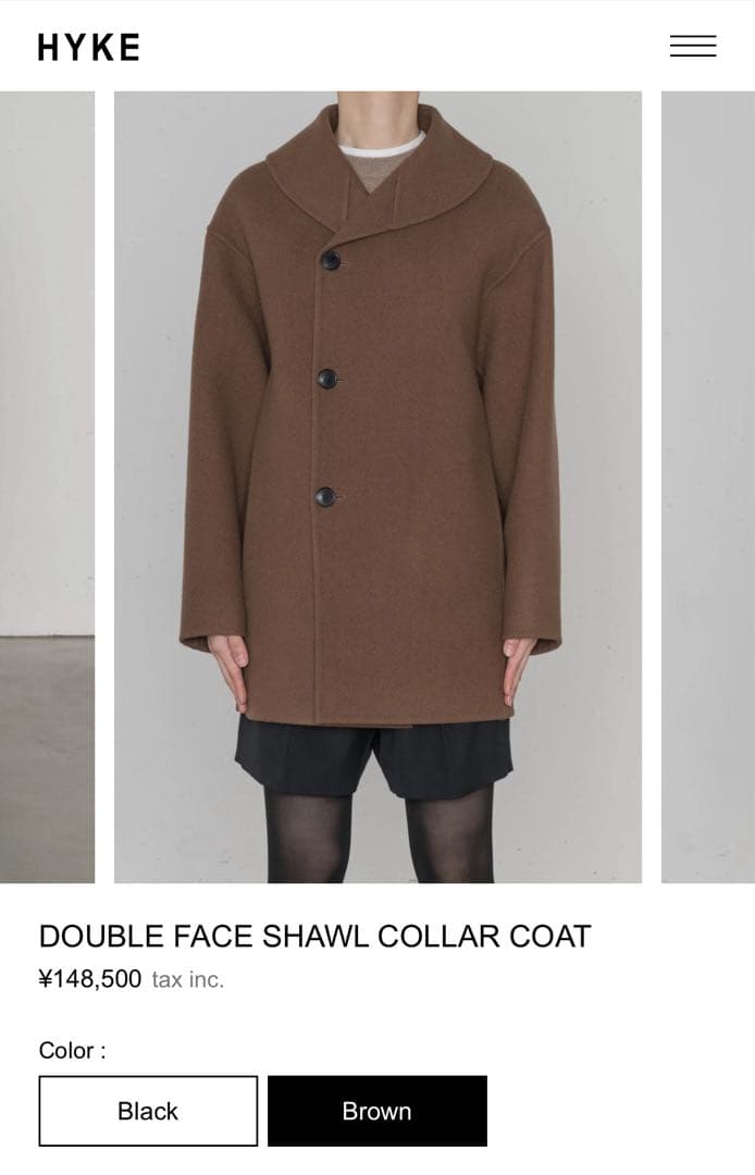 ジャケット・アウター HYKE 25aw DOUBLE FACE SHAWL COLLAR COAT