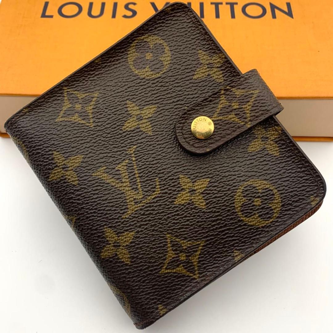 鑑定済み ルイヴィトン コンパクトジップ 二つ折り モノグラム 財布 レザー 茶