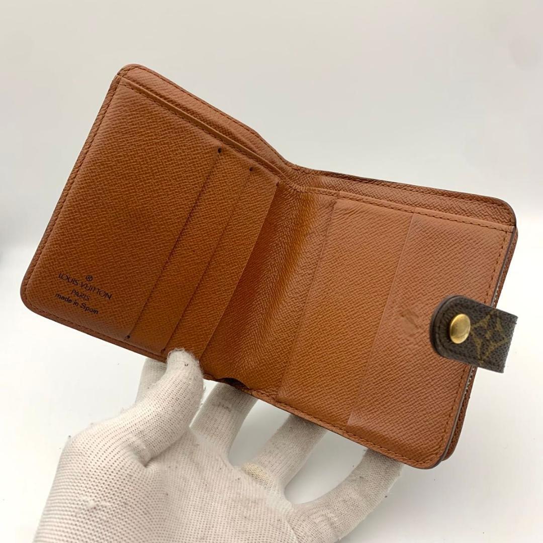 鑑定済み ルイヴィトン コンパクトジップ 二つ折り モノグラム 財布 レザー 茶