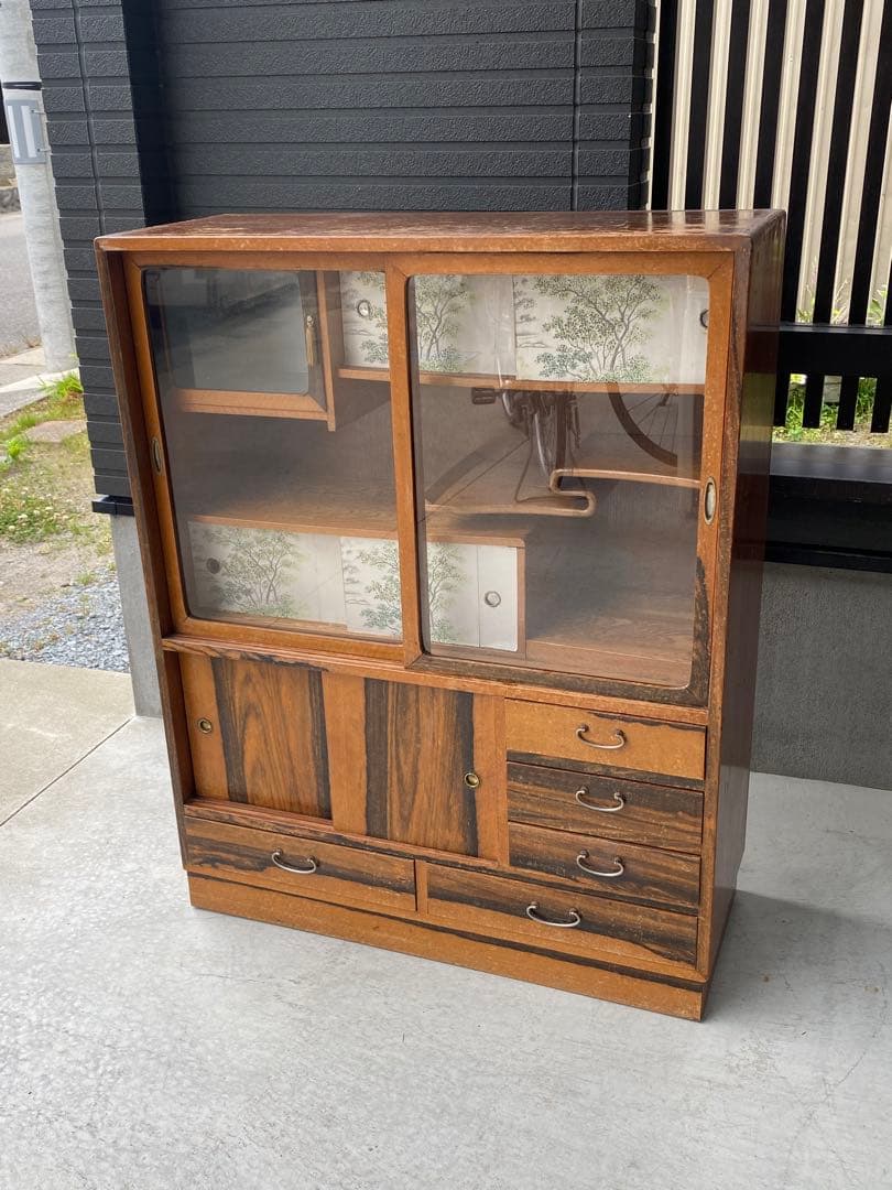 自宅長期保管品 茶箪笥 茶タンス ガラス戸 ビンテージ アンティーク 昭和レトロ