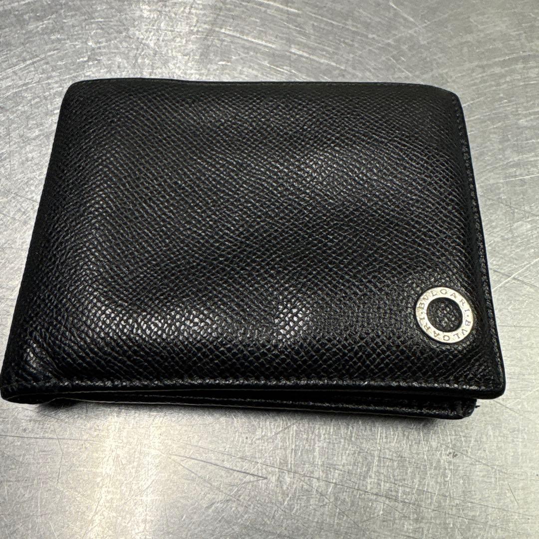 BVLGARI ブルガリ 二つ折り財布 ブラック 黒 本革 レザー リング 銀