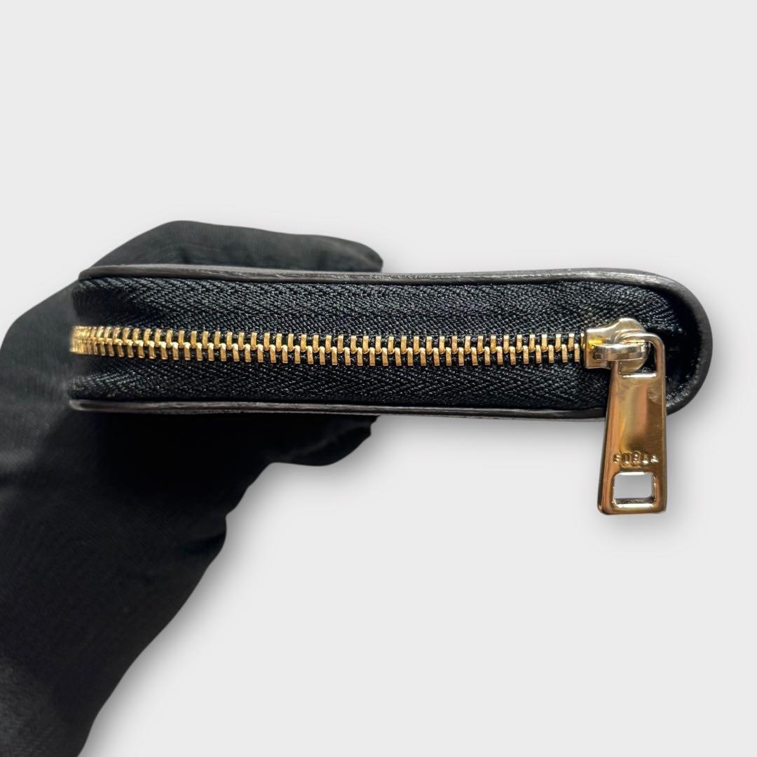 超美品✨FURLA フルラ　長財布　ラウンドファスナー　ロゴ金具　黒　レザー